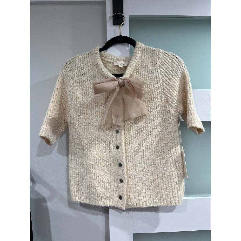 Camellia Women Cream Ribbed Knit Short Sleeve Cardigan with Chiffon Bow Size M
